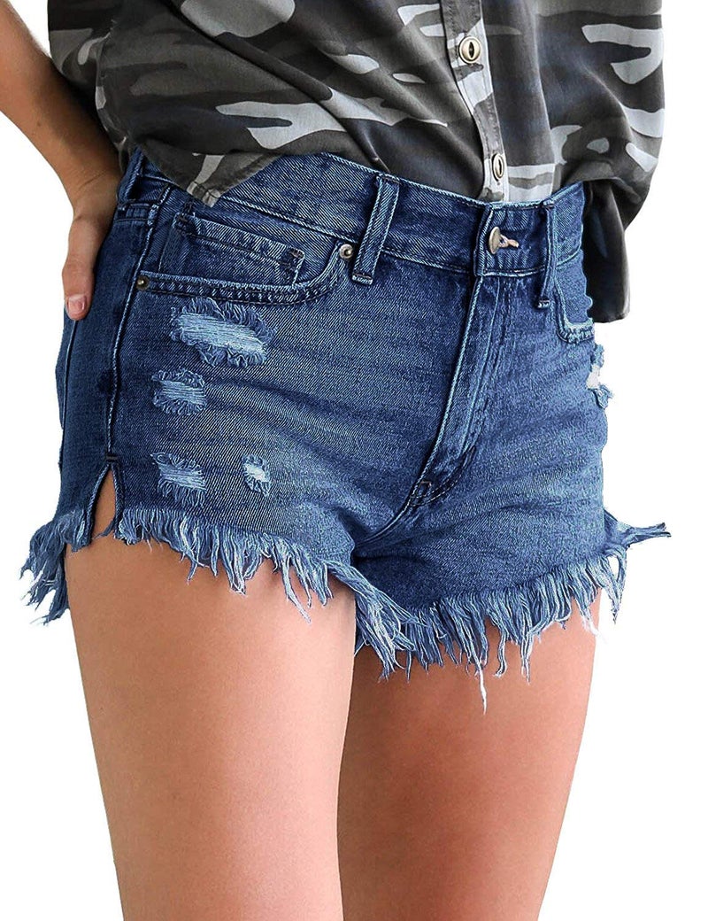 luvamia Women Casual High Waisted Denim Shorts Frayed Raw Hem Ripped Jeans Shorts A Bright Cobalt Blue Size Large Fits US 12-14 - Image 3